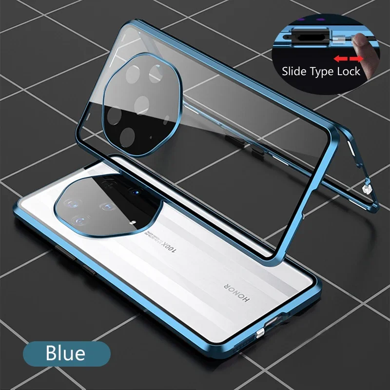Color: Blue, Material: PVC - Double Sided Glass Magnetic Metal Snap Lock Phone Case For Honor Magic 4 5 Ultimate 6 Lite 7 Pro Lens Protection Cover Cases