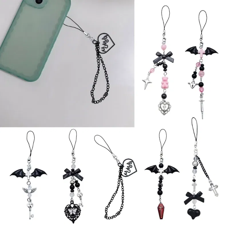 Color: Light Grey - Goth Y2K Phone Charm Pendant Kawaii-Key Chain For Bag Cute Accessory Women Guitar Strap Lanyard Beaded Keychain Pendant