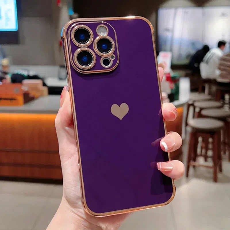 Color: army green, Compatible-Phone Models: For iPhone 15 Pro, Ships From: CN - Electroplating Side Love Heart Phone Case For IPhone 17 16 15 14 13 12 11 Pro Max XR 8 Plus SE2/SE3 Shockproof Back Cover