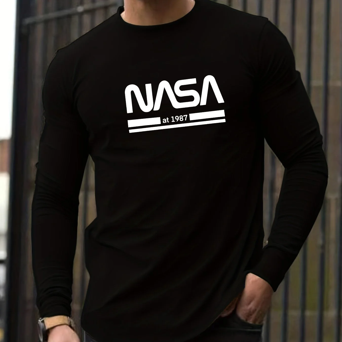 Color: GRAY, Size: L - Men's Spring and Autumn 100% Cotton Loose Comfortable Casual NASA Letter Printed Round Neck Long Sleeve T-shirt