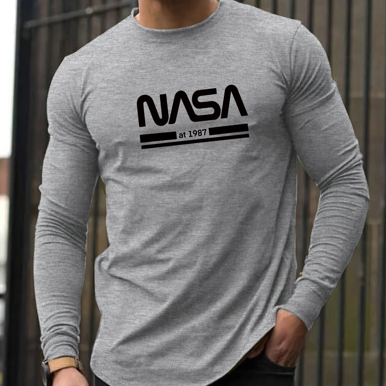 Color: GRAY, Size: L - Men's Spring and Autumn 100% Cotton Loose Comfortable Casual NASA Letter Printed Round Neck Long Sleeve T-shirt