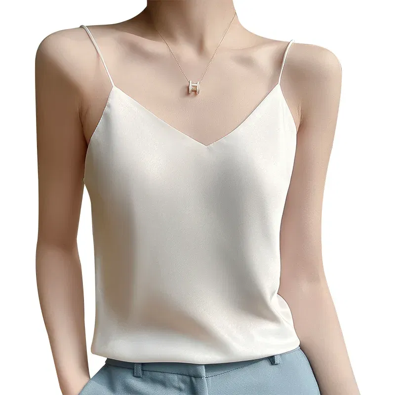 Color: black, Size: XXL - Fashion Silky Camisole Women's Inner With White Bottoming Satin Top Summer V-neck Thin Section