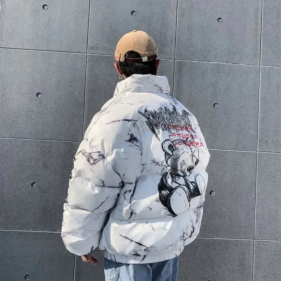 Color: WHITE, Size: L - Winter Down Jacket Coat Men Cartoon Bear Print Parka Fashion Streetwear Casual Loose Thick Warm Padded Oversized Jackets Outwear