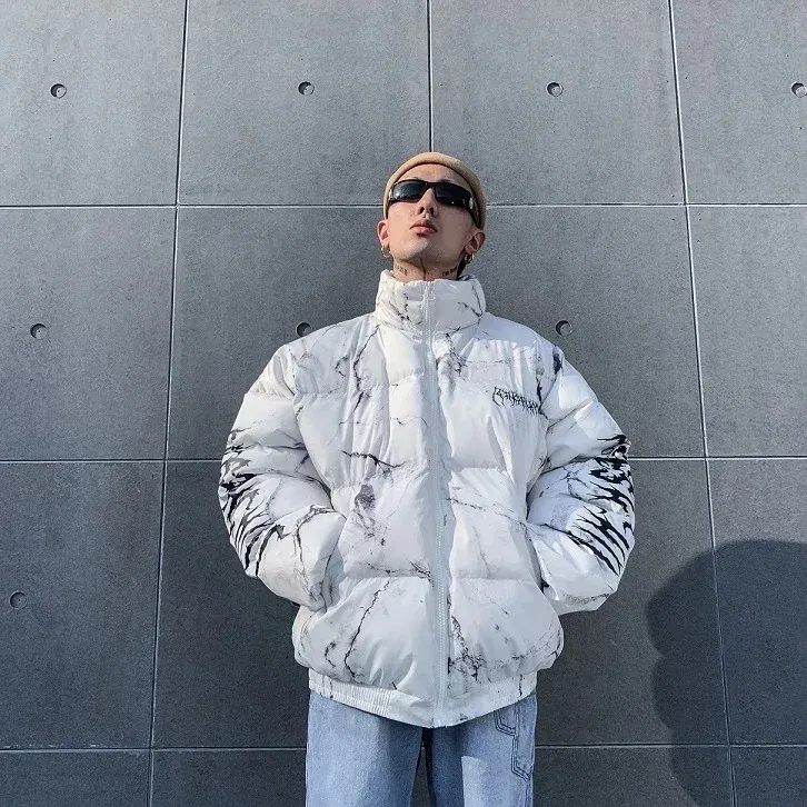 Color: WHITE, Size: L - Winter Down Jacket Coat Men Cartoon Bear Print Parka Fashion Streetwear Casual Loose Thick Warm Padded Oversized Jackets Outwear