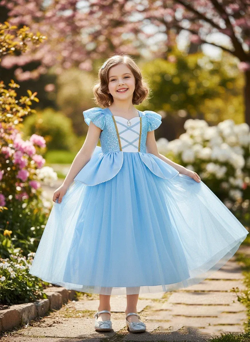 Color: MULTI, Kid Size: 9 - Disney Deluxe Elegant Rapunzel Princess Ball Gown Fancy Birthday Party Dress Cinderella Vestidos Costume Play Carnival Apparel