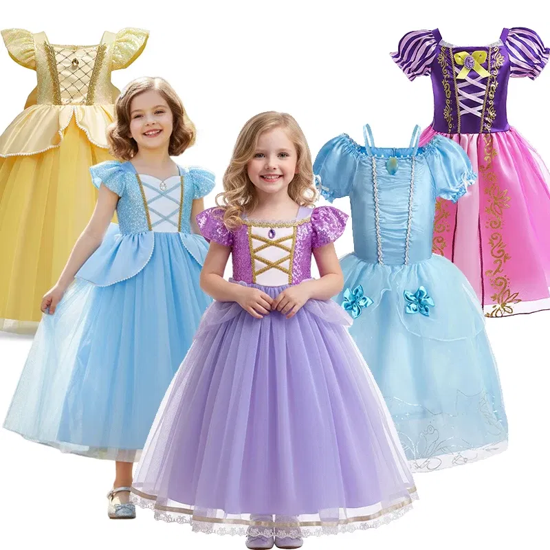 Color: MULTI, Kid Size: 9 - Disney Deluxe Elegant Rapunzel Princess Ball Gown Fancy Birthday Party Dress Cinderella Vestidos Costume Play Carnival Apparel