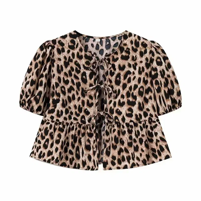 Color: WHITE, Size: L - HXAO Woman 2024 Blouse Puff Sleeve Cropped White Blouse For Women Pleated Cut Out Black Blouse With Tied Leopard Print Top