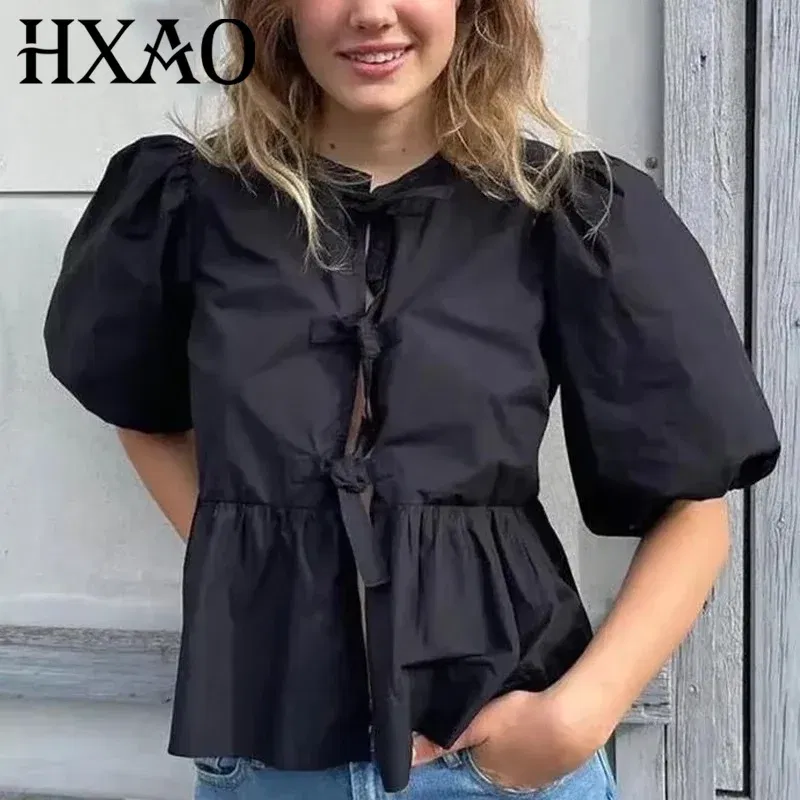 Color: WHITE, Size: L - HXAO Woman 2024 Blouse Puff Sleeve Cropped White Blouse For Women Pleated Cut Out Black Blouse With Tied Leopard Print Top