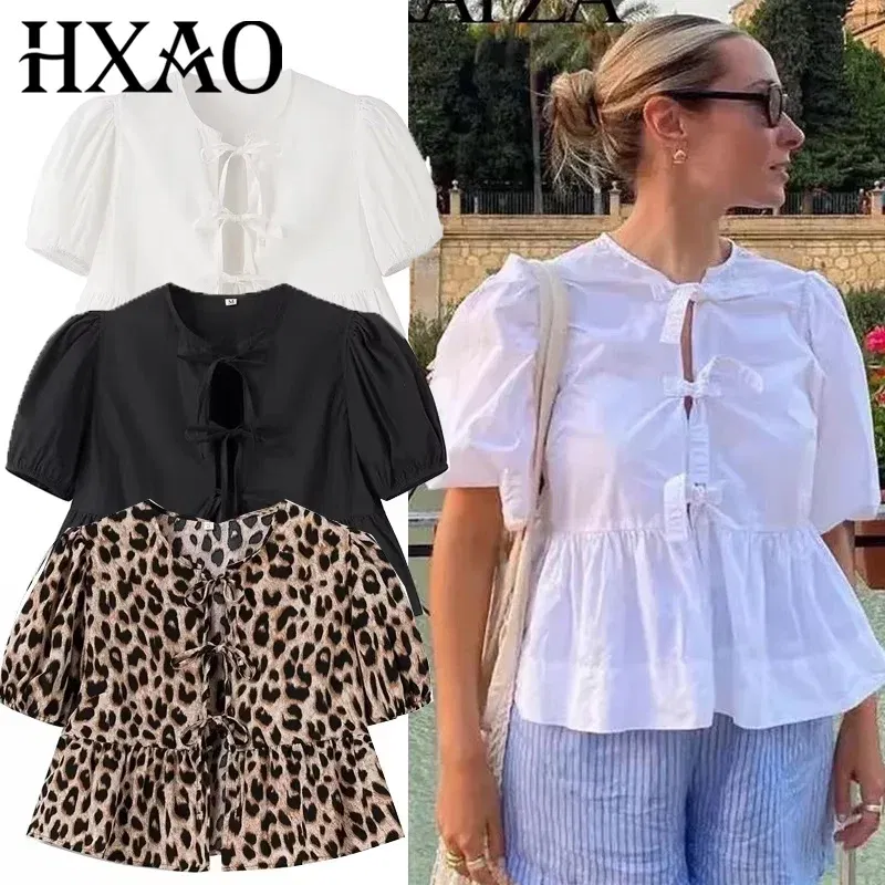 Color: WHITE, Size: L - HXAO Woman 2024 Blouse Puff Sleeve Cropped White Blouse For Women Pleated Cut Out Black Blouse With Tied Leopard Print Top