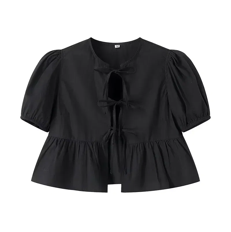 Color: WHITE, Size: L - HXAO Woman 2024 Blouse Puff Sleeve Cropped White Blouse For Women Pleated Cut Out Black Blouse With Tied Leopard Print Top