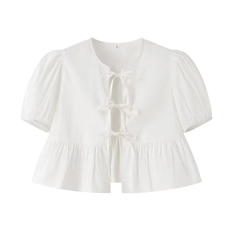 Color: WHITE, Size: L - HXAO Woman 2024 Blouse Puff Sleeve Cropped White Blouse For Women Pleated Cut Out Black Blouse With Tied Leopard Print Top