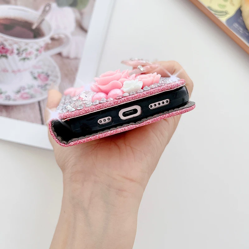 Color: Pink, Material: Artificial Leather - Wallet Glitter Case For Samsung Galaxy S24 FE S23 Ultra S22 Plus S21 S20 A13 A14 A15 A16 A53 A54 A55 A34 Flip Luxury Leather