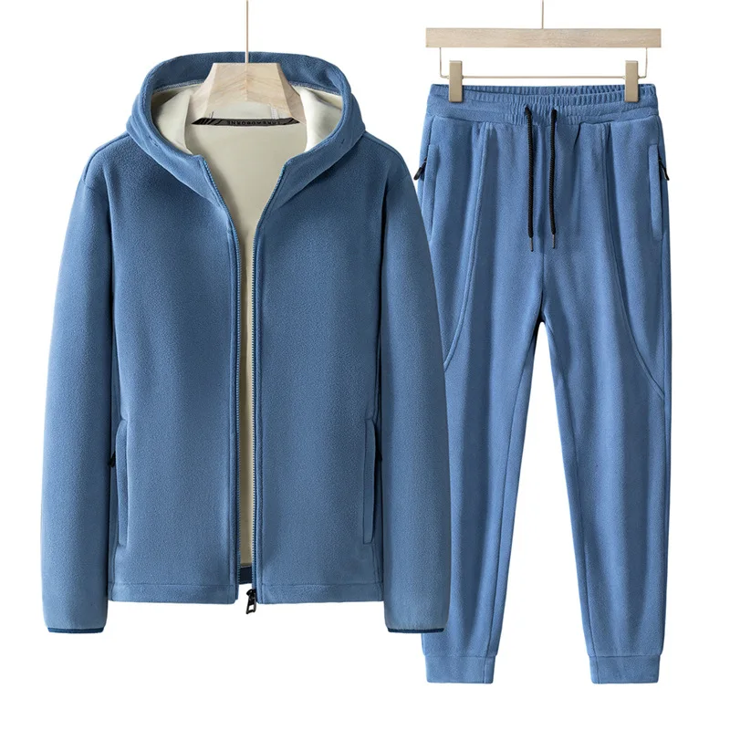 Color: Blue, Size: L - Plus Size 7xl 8xl Men's 2pcs Tracksuit Sets Winter Warm Polar Fleece Liner Jacket+pants Set Men Casual Thick Sportswear Clothes