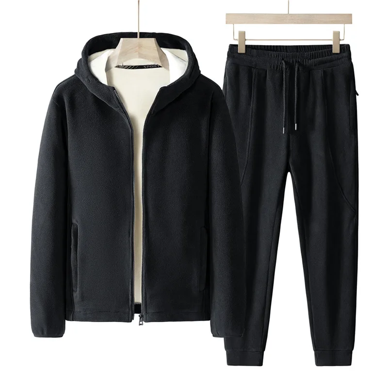 Color: Blue, Size: L - Plus Size 7xl 8xl Men's 2pcs Tracksuit Sets Winter Warm Polar Fleece Liner Jacket+pants Set Men Casual Thick Sportswear Clothes