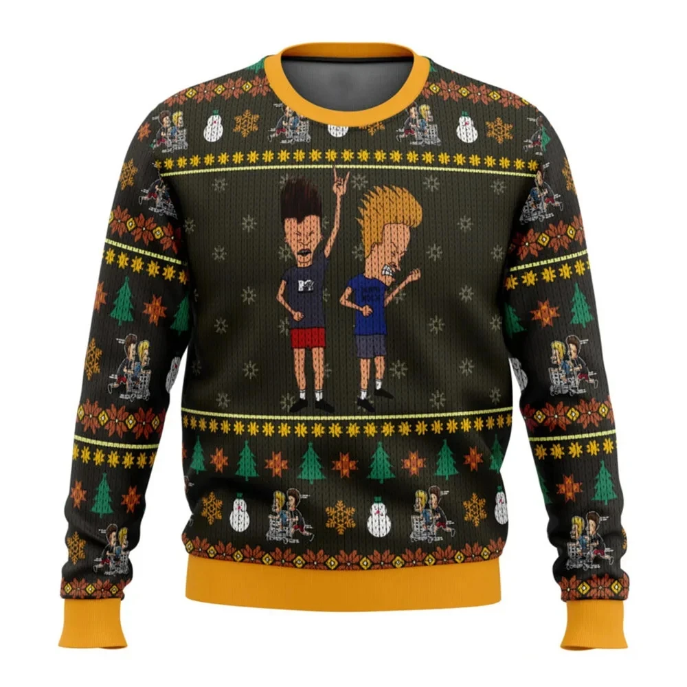 Color: GRAY, Size: XXXL - Xmas Rock Beavis and Butthead Ugly Christmas Sweater Cartoon Anime Women Men Pullover Tops New Fashion Couple Hoodie Sweatshirt