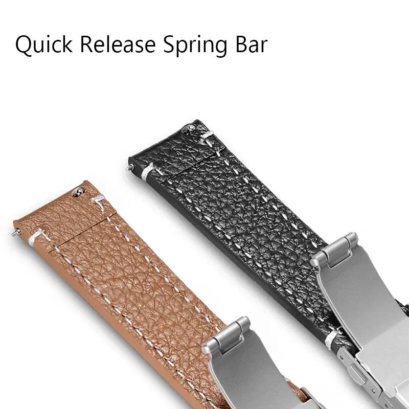 Band Color: BLACK WHITE, Band Width: 13mm - Soft Genuine Leather Smart Watch Band 18 20 22 24mm Women Men Cowhide Strap Brown Black Quick Release Watchband Bracelet