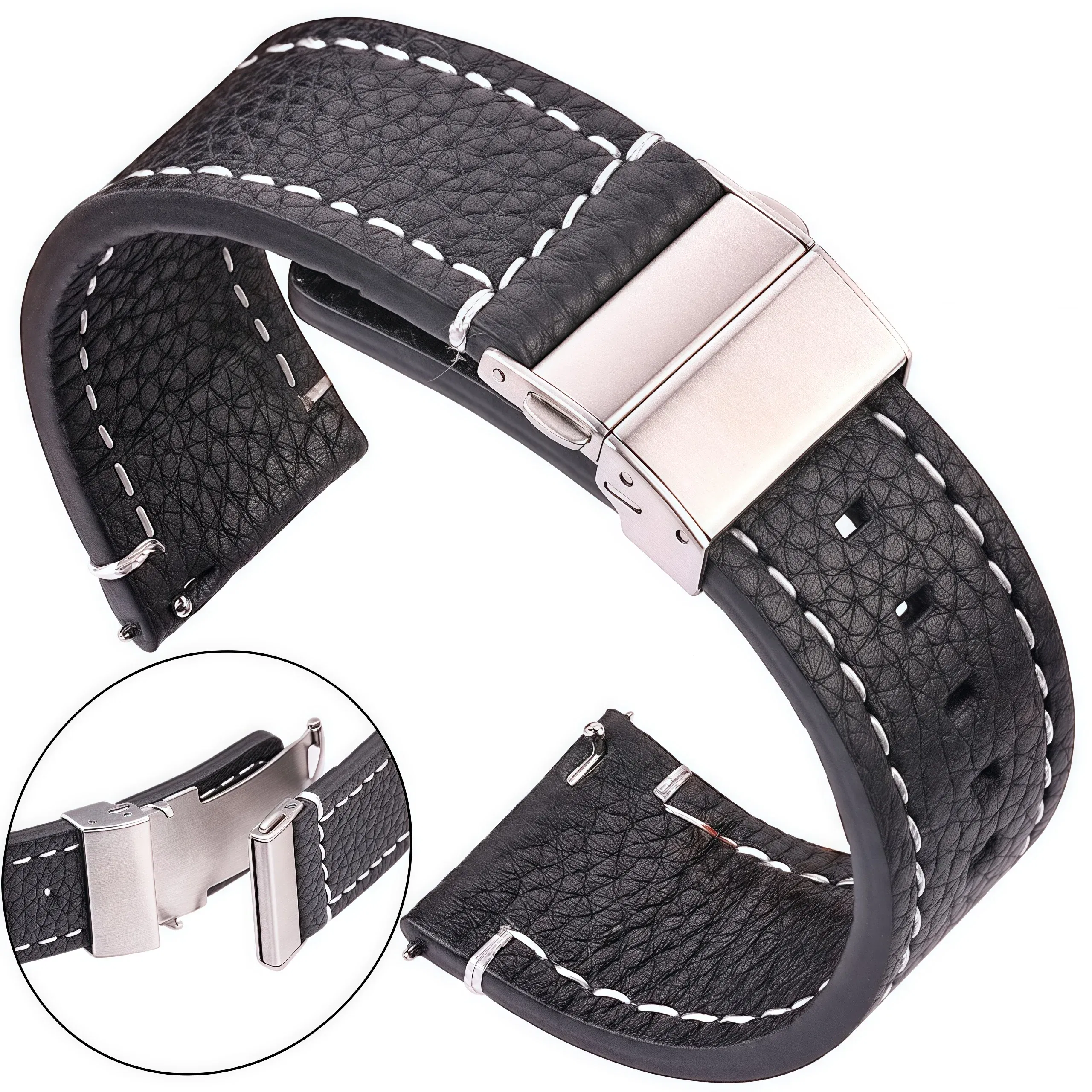 Band Color: BLACK WHITE, Band Width: 13mm - Soft Genuine Leather Smart Watch Band 18 20 22 24mm Women Men Cowhide Strap Brown Black Quick Release Watchband Bracelet