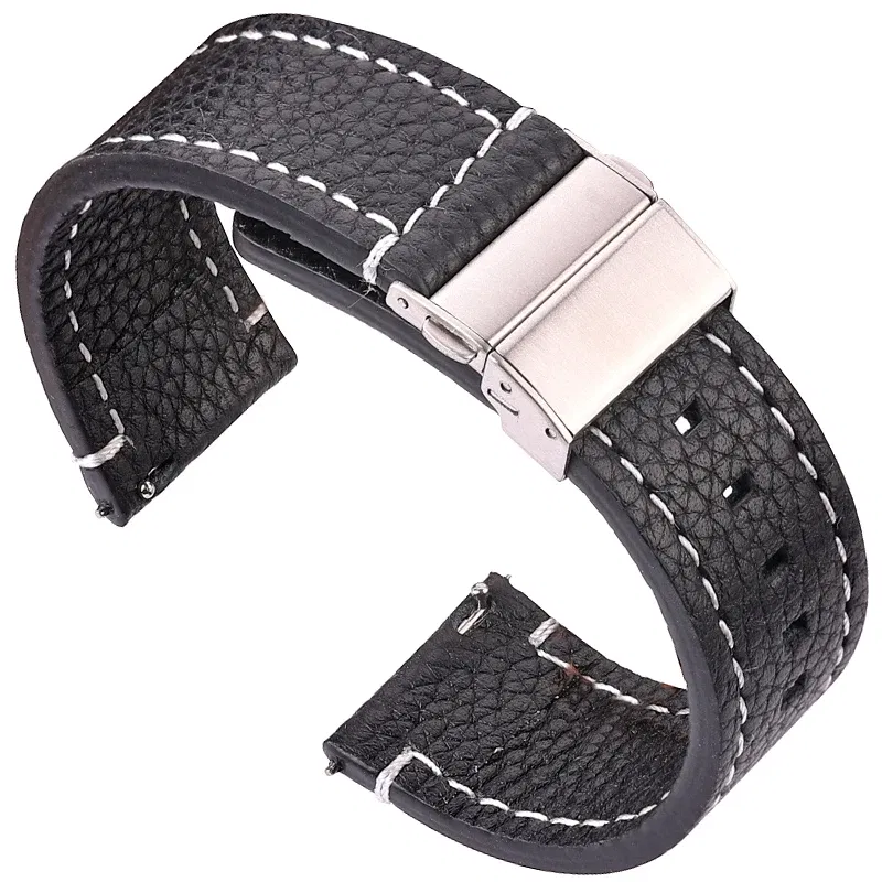 Band Color: BLACK WHITE, Band Width: 13mm - Soft Genuine Leather Smart Watch Band 18 20 22 24mm Women Men Cowhide Strap Brown Black Quick Release Watchband Bracelet