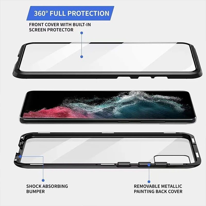 Color: Blue, Material: Plastic - Full Wrap Metal Bezel Case For Samsung Galaxy S23 S22 Ultra S21 S20 FE S24 Note 10 20 Lite Plus Double-Sided Glass Back Cover
