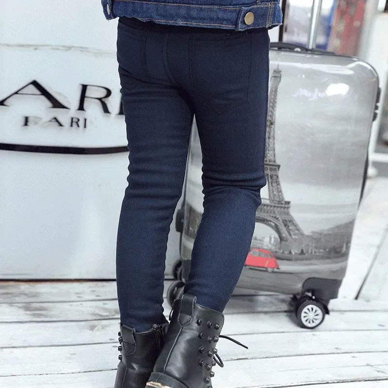 Color: Blue, Kid Size: 11 - 3-12-year-old girls pencil pants elastic baby Leggings 2024 new slim fit children's Leggings solid color imitation jeans