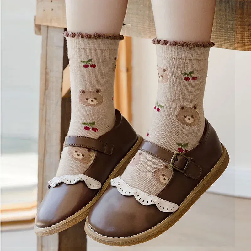 Color: Blue, Size: 2-3T - Autumn Winter Children's Socks Cute Coffee Bear Cartoon Cotton Socks Baby Girls 5 Pairs Mid Calf Socks