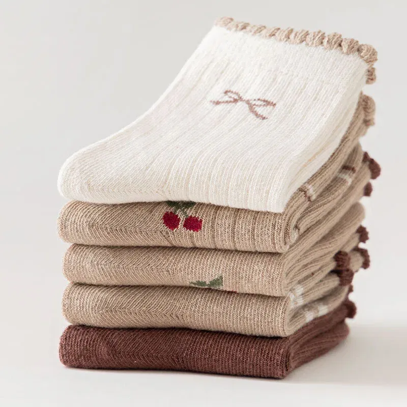 Color: Blue, Size: 2-3T - Autumn Winter Children's Socks Cute Coffee Bear Cartoon Cotton Socks Baby Girls 5 Pairs Mid Calf Socks