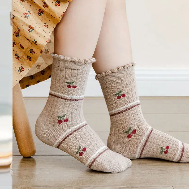 Color: Blue, Size: 2-3T - Autumn Winter Children's Socks Cute Coffee Bear Cartoon Cotton Socks Baby Girls 5 Pairs Mid Calf Socks