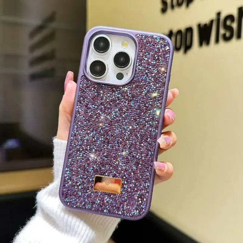 Material: Silicon, Color: black - Luxury INS Dazzling Full Covered Zircon Macaroon Color Phone Case for iPhone 16 15 14 11 12 13 Pro Max Plus Back Cover