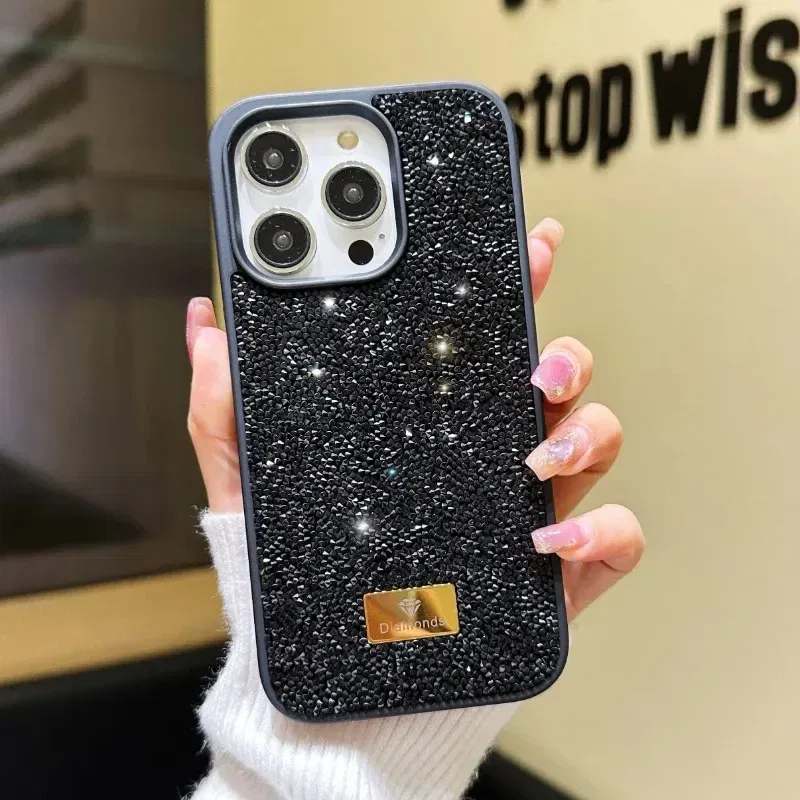 Material: Silicon, Color: black - Luxury INS Dazzling Full Covered Zircon Macaroon Color Phone Case for iPhone 16 15 14 11 12 13 Pro Max Plus Back Cover