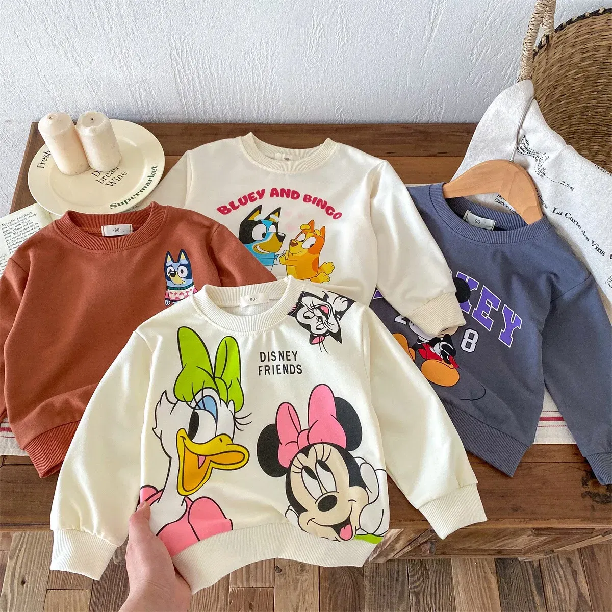 Color: Beige, Kid Size: 6M - Fashion Cartoon Printed Children Hoodies Crewneck Baby Boys Girls Long Sleeve Tops Loose Disney Kids Clothing Autumn Sweatshirts