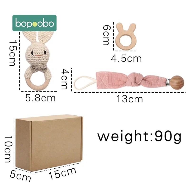 Color: MULTI - Bopoobo 3PCS/5PCS Crochet Bunny Baby Teether Rattle Animal Beech Wood Teether Pacifier Chain Crochet Rattle For Newborn Baby