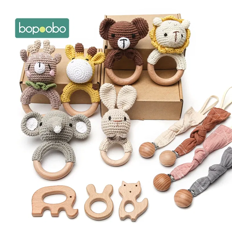 Color: MULTI - Bopoobo 3PCS/5PCS Crochet Bunny Baby Teether Rattle Animal Beech Wood Teether Pacifier Chain Crochet Rattle For Newborn Baby