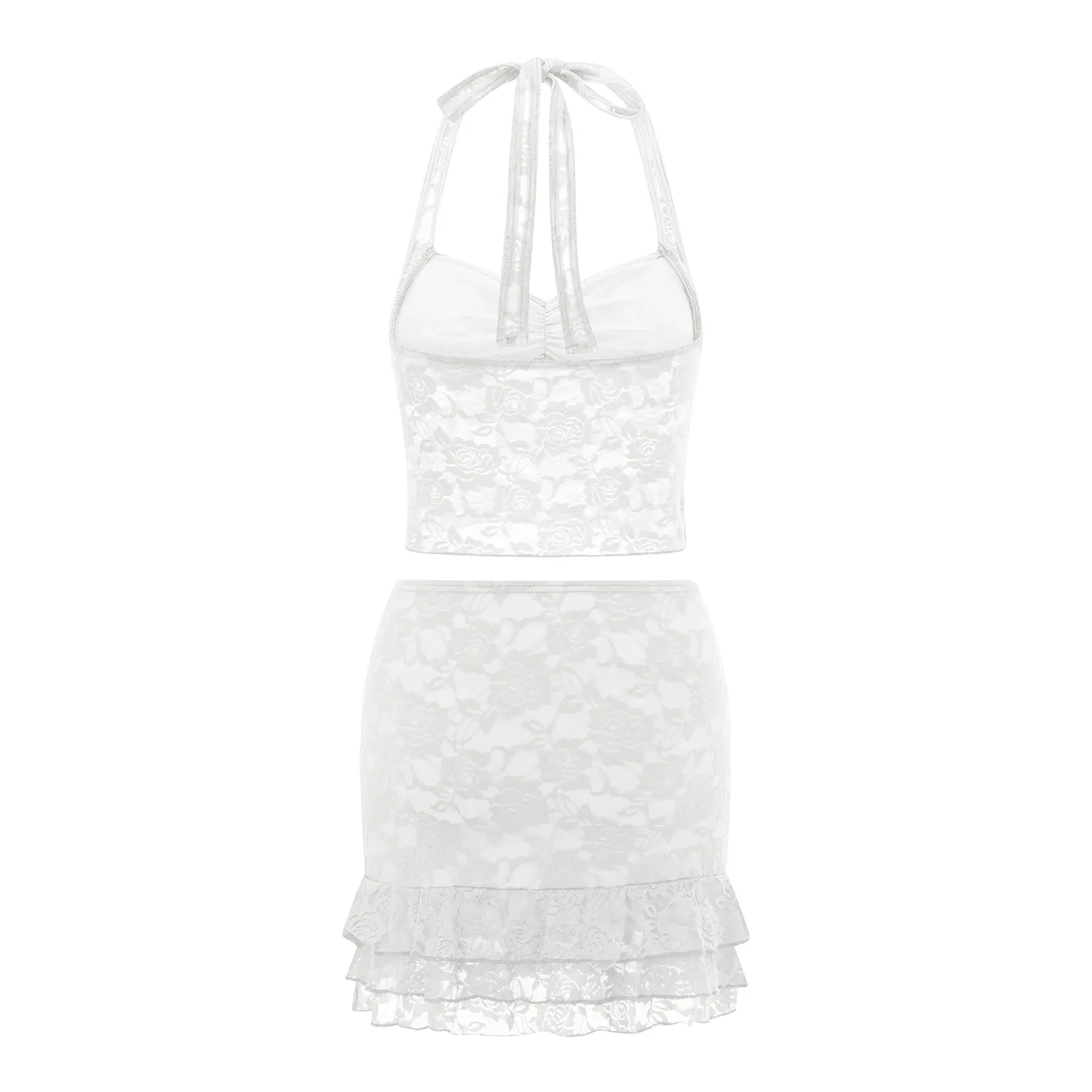 Color: WHITE, Size: S - Women Summer Skirts Outfits Sexy Tie-Up Halter Neck Sleeveless Backless Lace Tank Tops Mini Skirts 2 Pieces Clothes Set Club