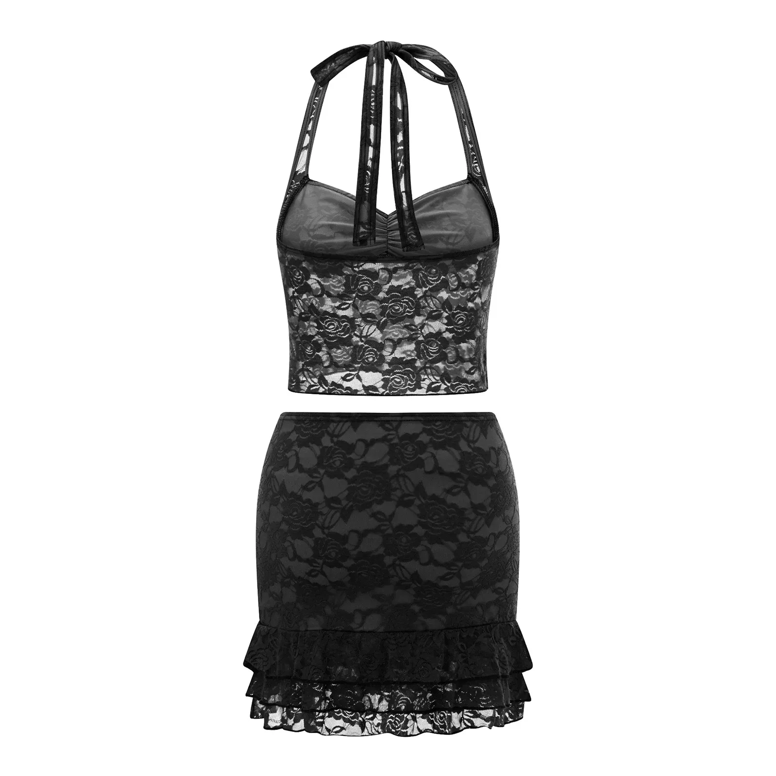 Color: WHITE, Size: S - Women Summer Skirts Outfits Sexy Tie-Up Halter Neck Sleeveless Backless Lace Tank Tops Mini Skirts 2 Pieces Clothes Set Club