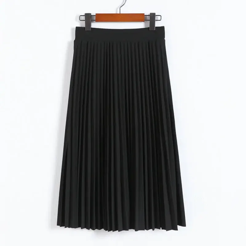Color: Blue, Size: One Size - Spring and Autumn New Fashion Women's High Waist Pleated Solid Color Half Length Elastic Skirt Promotions Lady Black Pink