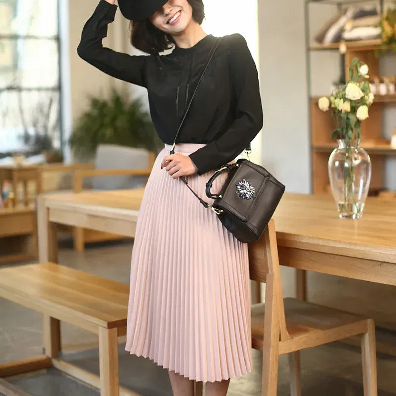 Color: Blue, Size: One Size - Spring and Autumn New Fashion Women's High Waist Pleated Solid Color Half Length Elastic Skirt Promotions Lady Black Pink