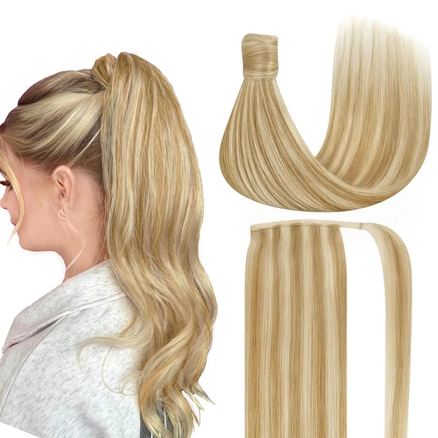Color: T1B/Red, Life Span: 6 Months With Proper Care, Stretched Length: 14inches - VeSunny Human Hair Ponytail Light Blonde Mix Golden Blonde Real Hair Ponytail Extension Highlights Blonde Ponytail Hair 80g