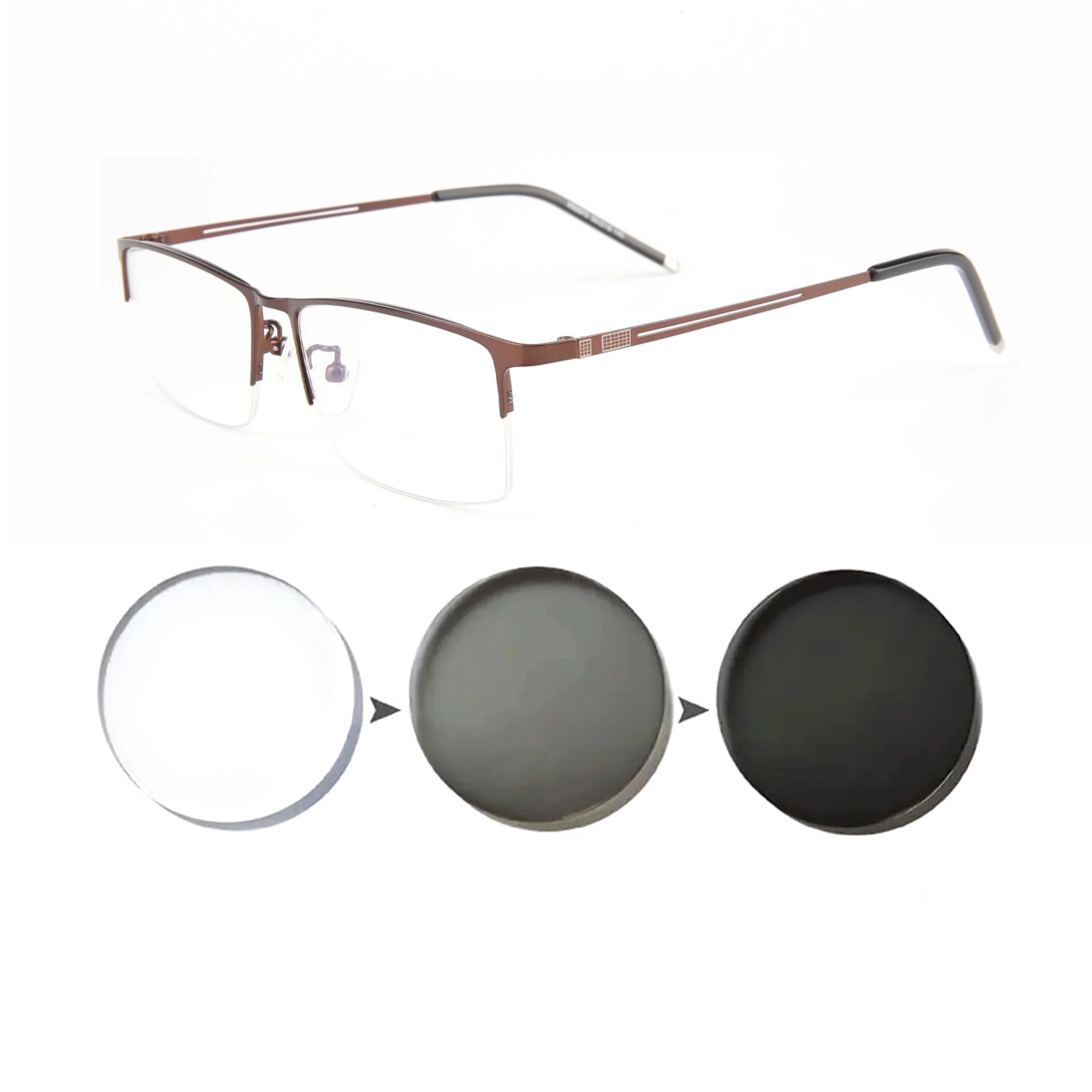 Frame Color: Red, Eye Prescription: 0 - Sun Photochromic Finished Myopia Glasses Women Men Metal Half Frame Chameleon Short-sight Eyewear0 -0.5 -0.75 -1.0  To -6.0