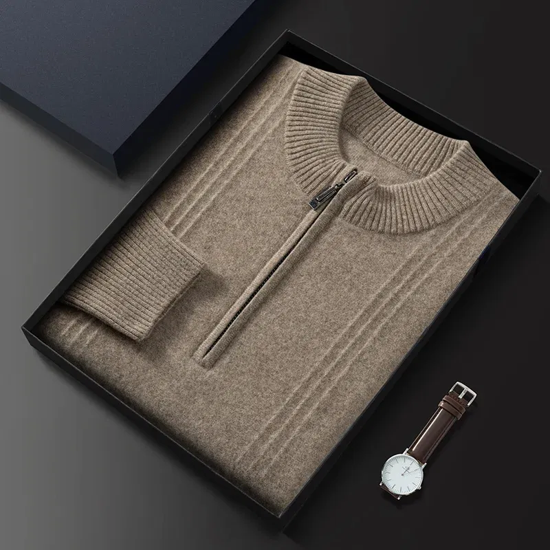 Color: Khaki, Size: L - Men's Sweater Pullover Autumn Winter Sweater Warm Clothing 100% Cashmere Business Long Sleeve Classic Quality Mock Neck Knit Top