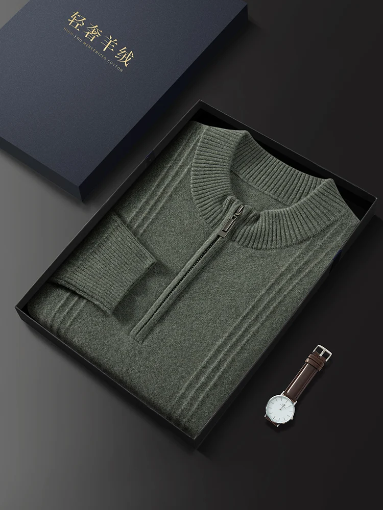 Color: Khaki, Size: L - Men's Sweater Pullover Autumn Winter Sweater Warm Clothing 100% Cashmere Business Long Sleeve Classic Quality Mock Neck Knit Top