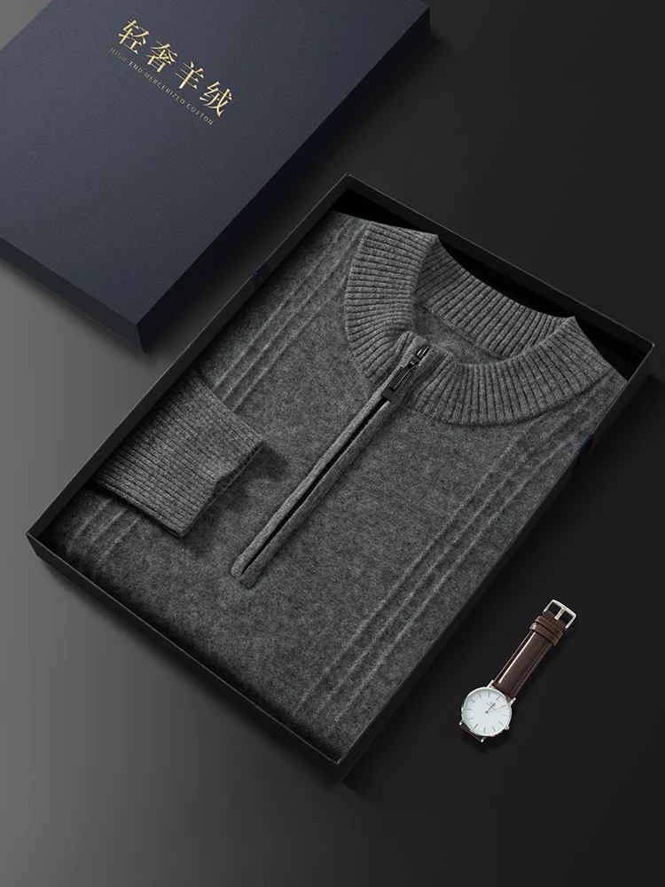 Color: Khaki, Size: L - Men's Sweater Pullover Autumn Winter Sweater Warm Clothing 100% Cashmere Business Long Sleeve Classic Quality Mock Neck Knit Top