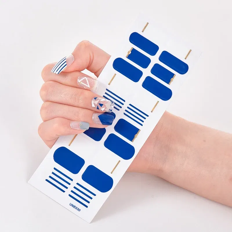 Color: Blue White - 22 Tips/Sheet Solid Color And Striped Manicure Designer Nail Decals Nailart Sticker Full Beauty Nail Tape Manicure Self Adhesive