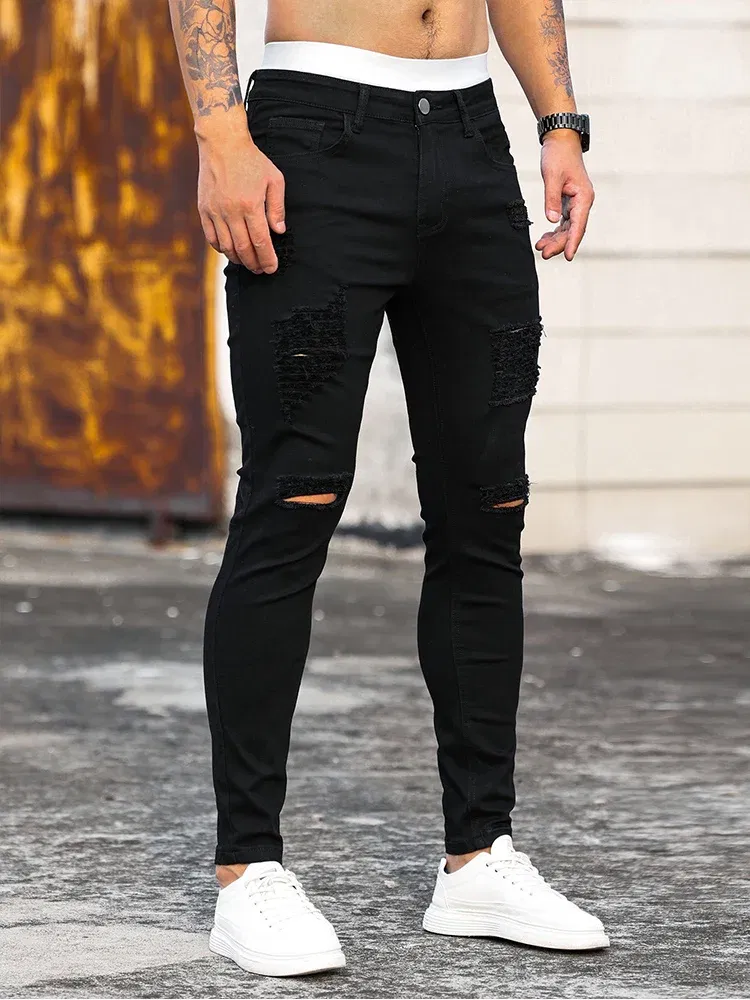 Color: black, Size: S - Fashion Men's Street Ripped Jeans Pure Black Stretch Tight Small Foot Pencil Pants Boyfriend Club Clothing Denim Ropa Hombre