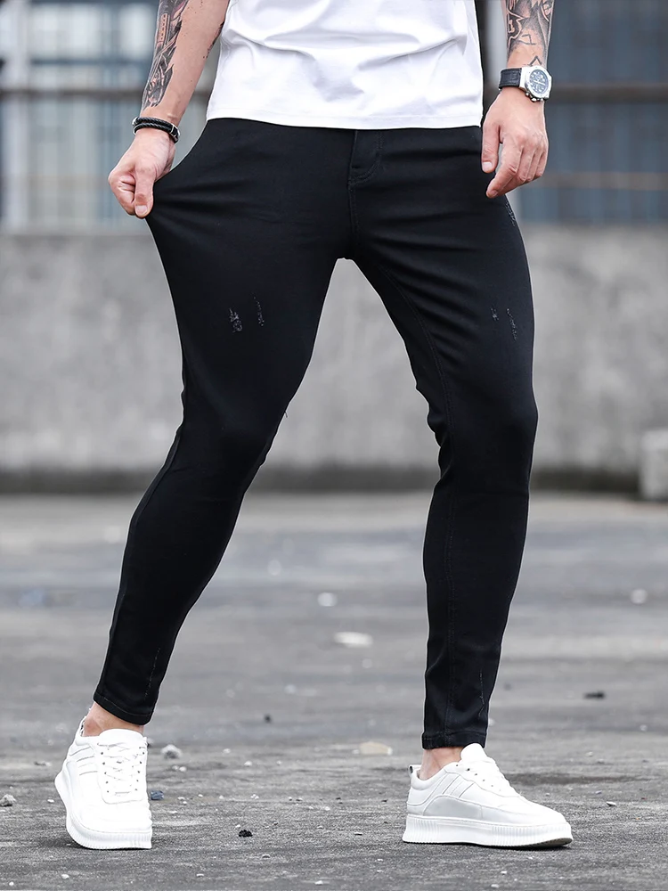 Color: black, Size: S - Fashion Men's Street Ripped Jeans Pure Black Stretch Tight Small Foot Pencil Pants Boyfriend Club Clothing Denim Ropa Hombre