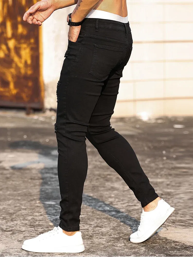 Color: black, Size: S - Fashion Men's Street Ripped Jeans Pure Black Stretch Tight Small Foot Pencil Pants Boyfriend Club Clothing Denim Ropa Hombre