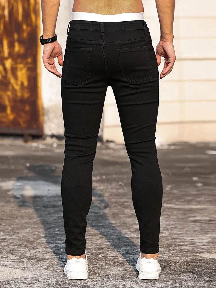 Color: black, Size: S - Fashion Men's Street Ripped Jeans Pure Black Stretch Tight Small Foot Pencil Pants Boyfriend Club Clothing Denim Ropa Hombre
