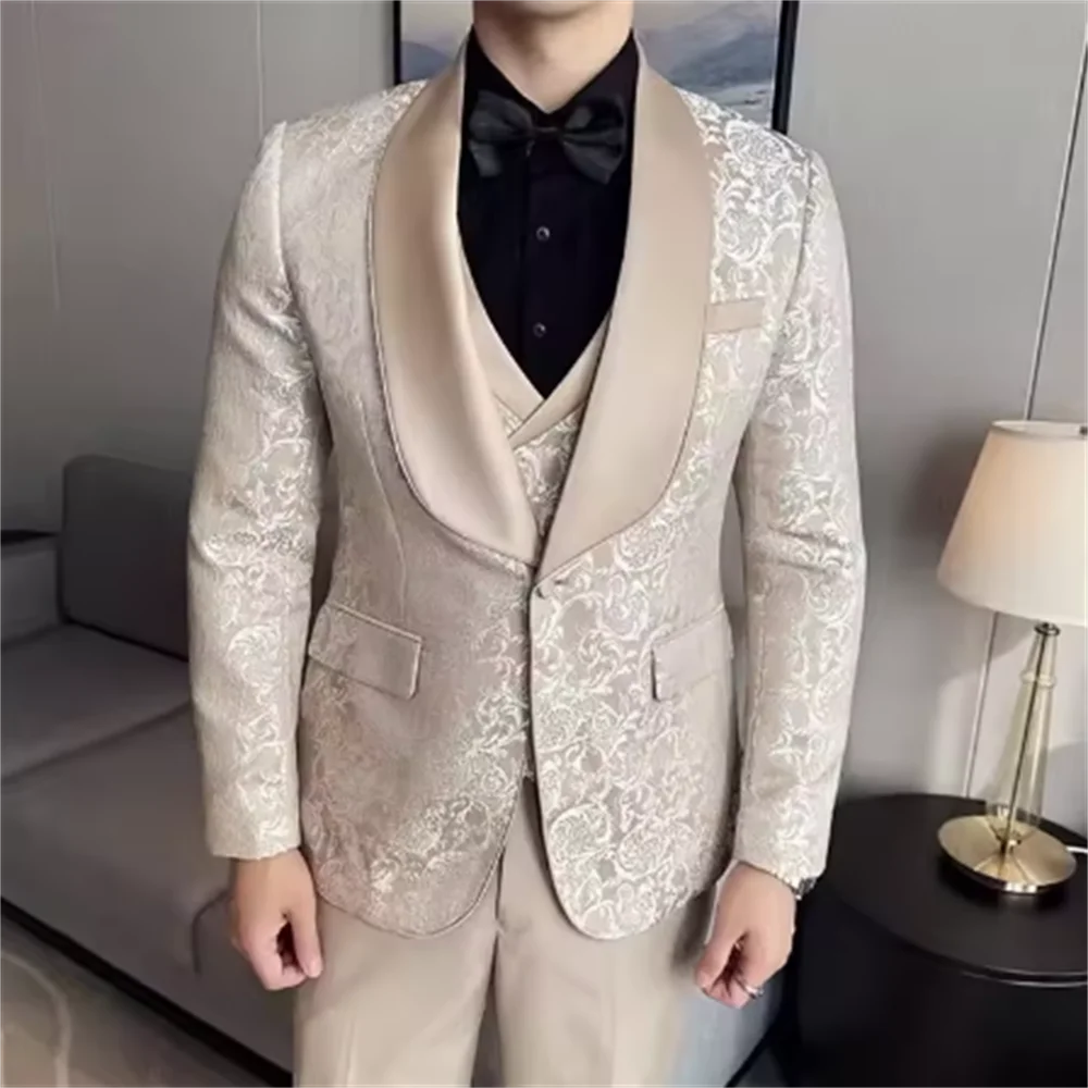 Color: Khaki, Size: S - Green Men's Suit 3-Piece, Wedding Party Dress Jacket with Vest & Trousers, Asian Size Slim Men Sets, Beige Black Blue Available