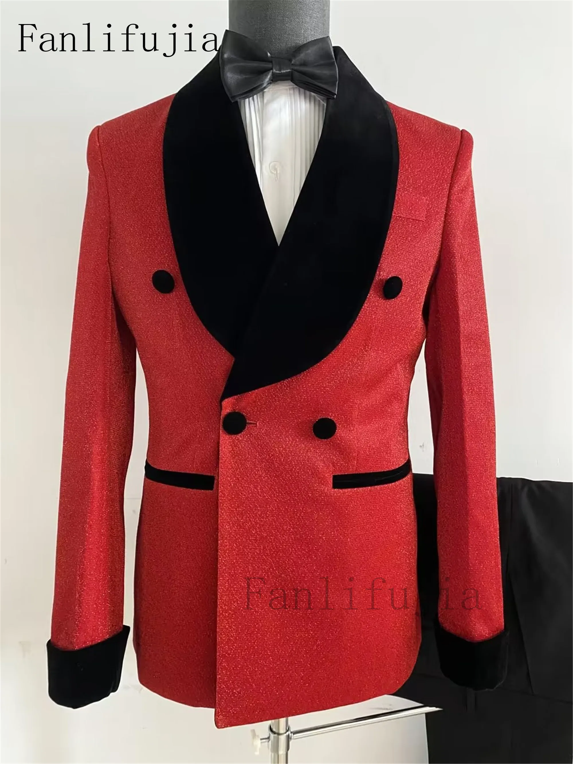 Color: Burgundy, Size: S - Fanlifujia Luxury Red Glitter Suits Men Groom Wedding Tuxedo Double Breasted Blazer Formal Evening Party Prom Dress 2 Pieces Set