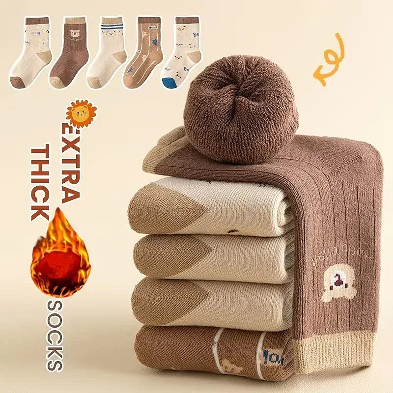 Color: Blue, Size: 10-12T - 1-14T  Children Winter Warm Socks Kids Boys Thicken Cotton Socks Thermal Winter Socks Baby Cartoon Bear Pattern Terry Sock