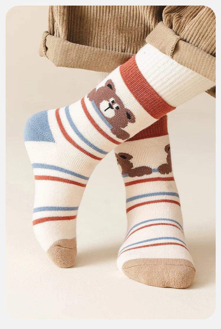 Color: Blue, Size: 10-12T - 1-14T  Children Winter Warm Socks Kids Boys Thicken Cotton Socks Thermal Winter Socks Baby Cartoon Bear Pattern Terry Sock